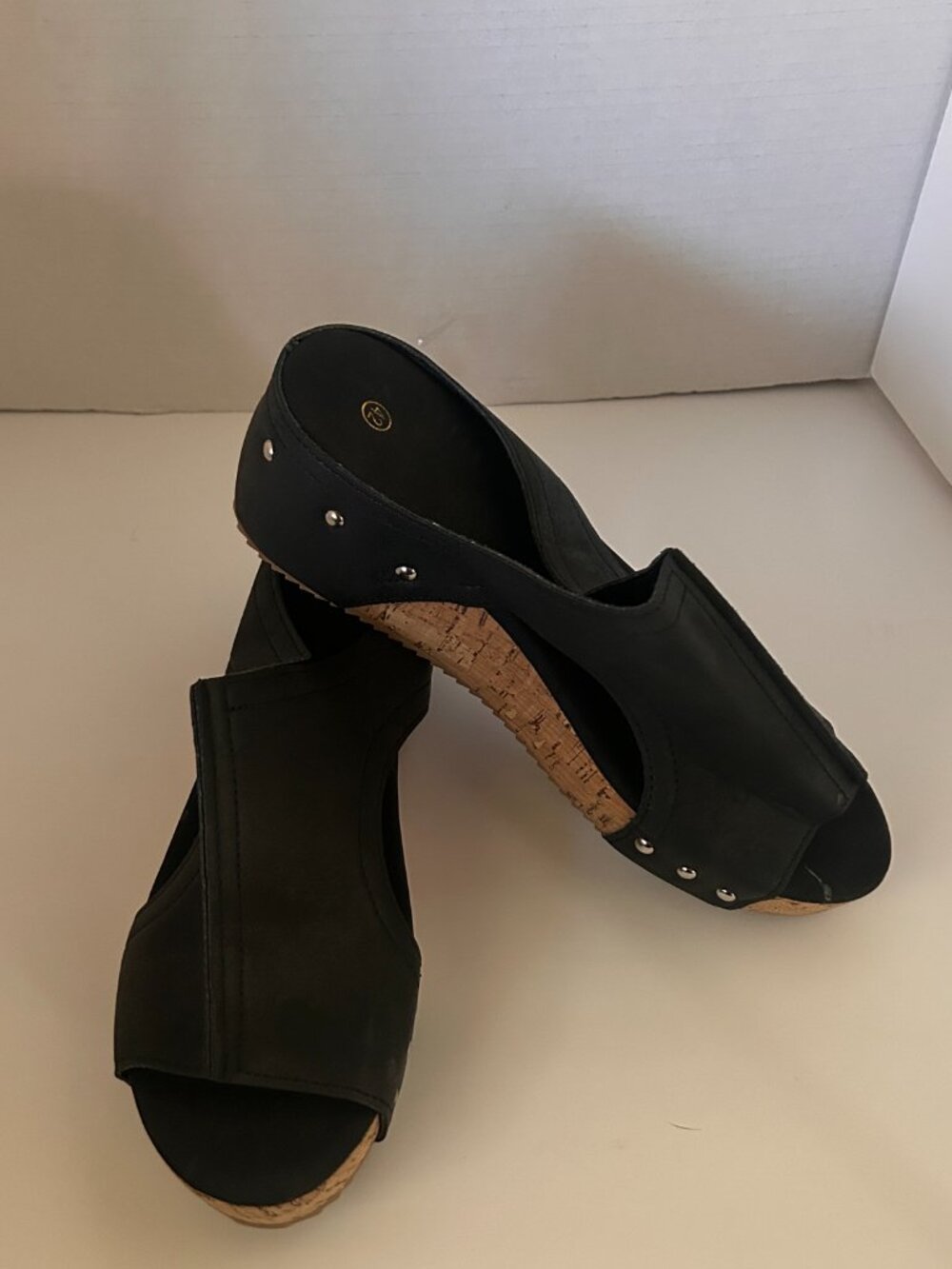 Black Platform Mule Sandals Cork Wedge Slides Studded Open Toe EU 42 - Picture 6 of 9